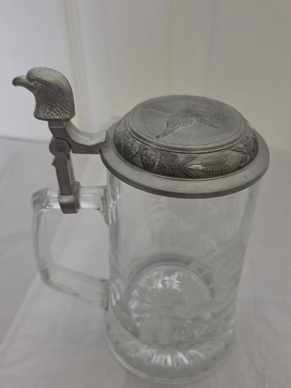 Glass Beer Stein with Metal Eagle-Handled Lid - Pewter-Tone